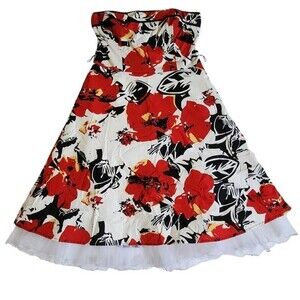 Snap white red black floral strapless dress sz 7